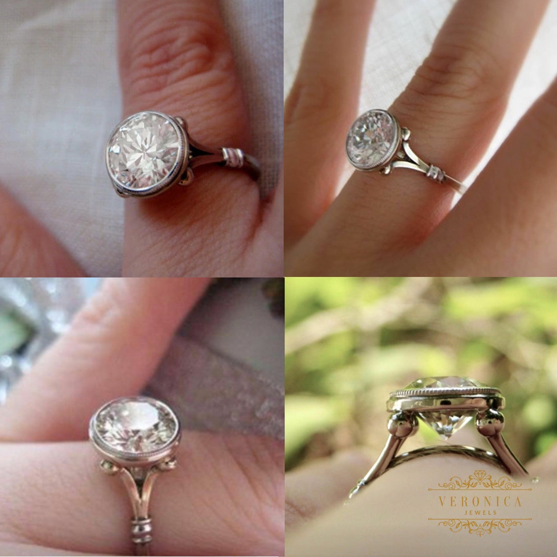 2 Ct White Round Cut Bezel Set Lab Diamond Engagement Ring Etsy