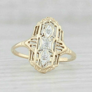 14K Yellow Gold Art Deco Ring, Vintage Style Three Stone Ring, Round Cut Moissanite Diamond Ring, Edwardian Filigree Ring, Anniversary Gift