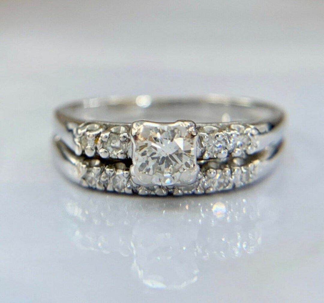 Art Deco Sterling Silver Engagement Ring Set: Round Lab Diamond CZ - Etsy