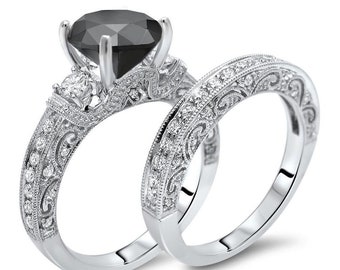 Conjunto de anillo solitario de diamante negro de 3,00 quilates: acabado en oro blanco de 14 quilates.