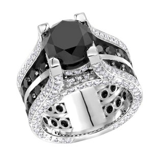 Black Diamond Solitaire Engagement Ring: 3.50CT Round Cut, 14K White Gold Finish