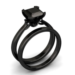 3.00 Carat Princess Cut Black Diamond Solitaire Engagement Ring Set With Black Rhodium Plated, Wedding Ring Set, Black Stone Bridal Ring Set