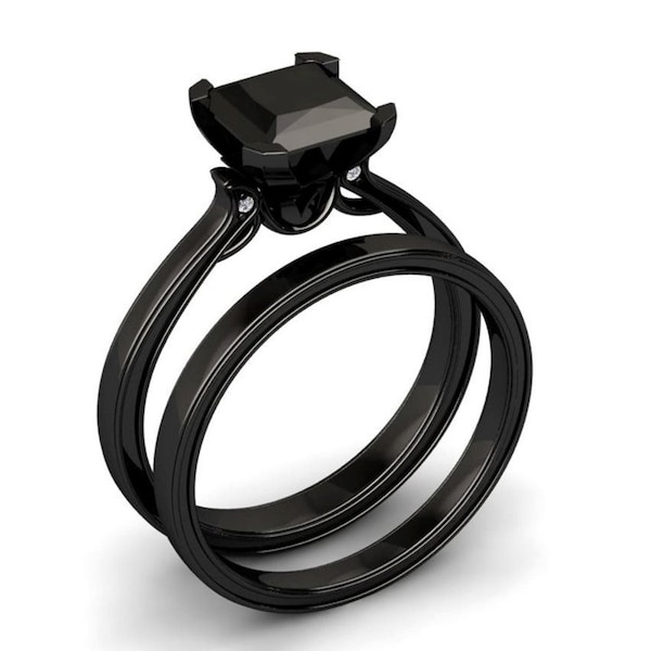3.00 Carat Princess Cut Black Diamond Solitaire Engagement Ring Set With Black Rhodium Plated, Wedding Ring Set, Black Stone Bridal Ring Set
