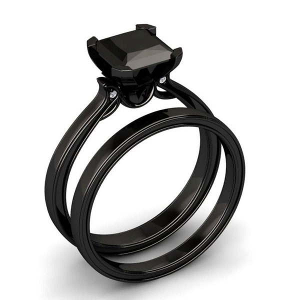Conjunto de anillo de compromiso con diamante negro de laboratorio talla princesa de 3,00 quilates: Plata de ley con baño de rodio negro