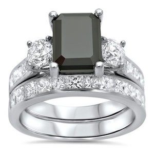 Emerald Cut Black Diamond Sterling Silver Engagement Ring Set