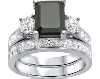 Emerald Cut Black Diamond Sterling Silver Engagement Ring Set