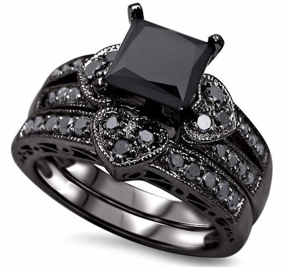 Black Diamond Ring Set, Black Princess Cut CZ Diamond