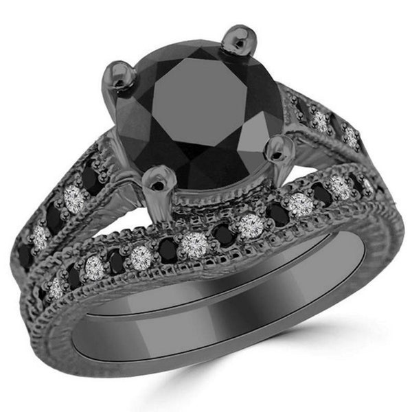 Conjunto de anillo de compromiso con diamante de circonita cúbica negra: 3,00 quilates, talla redonda, chapado en rodio plateado.