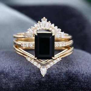 Emerald Cut Black Lab Diamond Ring Set: 14K Gold Finish Solitaire