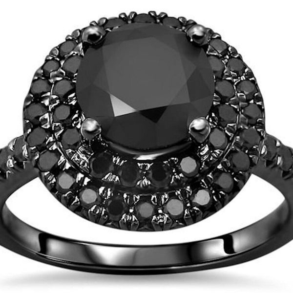 Anillo de compromiso con diamante de circonita cúbica negra: 2,00 quilates, talla redonda, plata de ley.