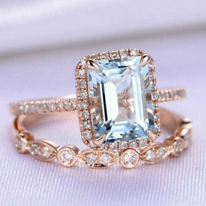 3.00 Carat Emerald Cut Aqua Blue Diamond Solitaire Engagement Ring Set 14K Rose Gold Finish, Wedding Ring Set , Aquamarine Bridal Ring Set