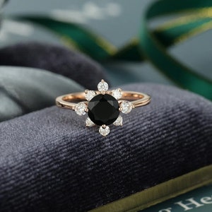 3.00 Carat Round Cut Black Diamond Solitaire Engagement Ring 14K Rose Gold Finish, Wedding Ring, Black Stone Bridal Ring, Black Flower Ring