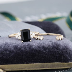 Emerald Cut Black Lab Diamond Solitaire Ring Set, 14K Yellow Gold Finish