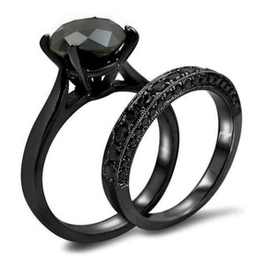 Black Diamond Ring Set, Black Round Cut CZ Diamond Engagement Wedding Ring Set in Black RHODIUM's Plated Silver, Black Ladies Ring Set