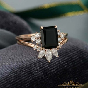 3 Carat Emerald Cut Black Diamond Solitaire Engagement Ring Set 14K Rose Gold Finish, Wedding Ring Set,Black Stone Bridal Ring Set,Gold Ring