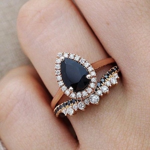 3.00 Carat Pear Cut Black Diamond Solitaire Engagement Ring Set 14K Rose Gold Finish, Wedding Ring Set , Black Stone Bridal Ring Set