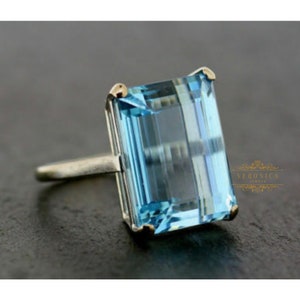 Emerald Cut Aquamarine Ring: 9ct Aqua Blue, Sterling Silver Art Deco Ring
