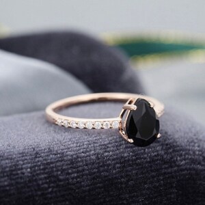 3.00 Carat Pear Cut Black Diamond Solitaire Engagement Ring 14K Rose Gold Finish, Wedding Ring, Black Stone Bridal Ring Set, Black Pear Ring