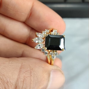 Emerald Cut Black Diamond Solitaire Ring Set: 14K Rose Gold Finish, Sterling Silver
