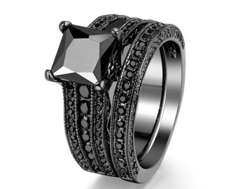 Black Diamond Ring Set, Black Princess Cut CZ Diamond Engagement Wedding Ring Set in Black RHODIUM's Plated Silver, Full Black Ring Set