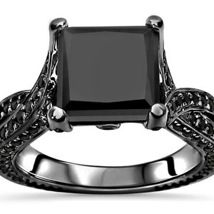 Black Diamond Wedding Ring Set, Black Princess Cut CZ Diamond Engagement Wedding Ring in Black RHODIUM&#39;s Plated Silver, Full Black Ring