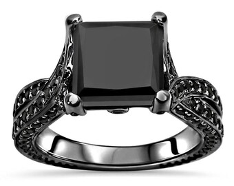 Schwarzer Diamant Ehering Set, Schwarzer Princess Cut CZ Diamant Verlobungsring im Schwarzen Rhodium's Silber, Schwarzer Ring