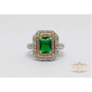 Emerald Cut Green Lab Diamond Ring: Art Deco Sterling Silver Engagement