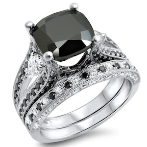 Black Lab Diamond Cushion Cut Sterling Silver Ring Set