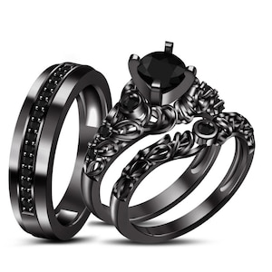 Black Diamond Solitaire Engagement Ring Set: Black Rhodium Sterling Silver