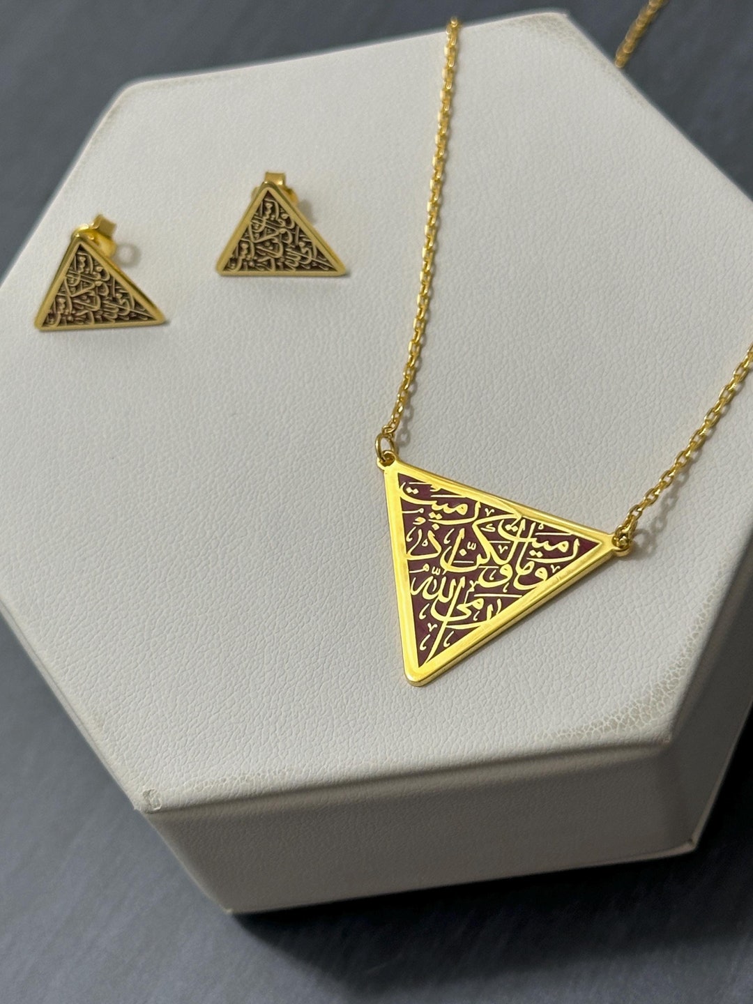 Triangular Pendants Gold Plated Sterling Silver Triangle Necklace and Earrings, Arabic ...