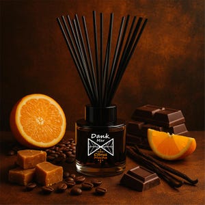 May include: A black glass diffuser bottle with black reeds, labelled "Dank Mer Citrus Mocha". The image includes an orange slice, chocolate, vanilla beans, and coffee beans. Caramel squares are also present, all on a brown surface.