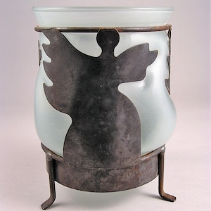 Vintage Unique Handcrafted Art work of Iron Angels and Hand blown Glass Vase, The size of Vase: 6 5/16&quot; High x 4 1/2&quot; Dia.