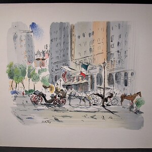 May include: A watercolor painting of a city street scene with horse-drawn carriages and buildings in the background. The painting is done in shades of gray, blue, and brown.
