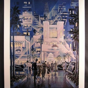 May include: A vintage-style illustration of a city scene at night, featuring a large building with a fountain in front. People are walking on the sidewalk in front of the building, and there are palm trees and cars in the background.