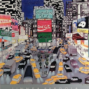 May include: A colorful painting of a busy city street scene with yellow taxis, a large Coca-Cola sign, and a Castro Convertible sign. The painting is titled "Linnea Pergola" and is by Martin Lawrence Galleries.