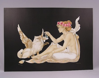 Original Lithograph by Anne Lan, "Reve de Chat", Limited Edition, The unframed sheet/Image size: 33 1/2" L x 23 1/2"H. Excellent
