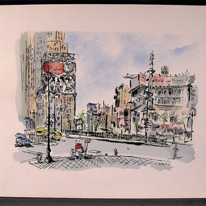 May include: A watercolor painting of a city street scene with tall buildings, a street lamp, and cars. The buildings have signs and windows. The street is empty except for a few cars. The painting is done in a loose, impressionistic style.