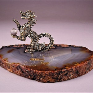 Rare Vintage Pewter Dragon w/24Kt Gold Plated on Agata base, Comstcok Creations, The size: 5 1/2&quot;L x 3 5/8&quot; W x 2 3/4&quot; High , Excellent