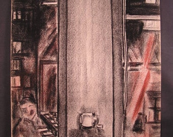 Original Drawing by Charcoal and Conte, Reflection in Window by E. Kawanabe 1978. The Size : 18" W x 24" H, Excellent
