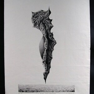 May include: Black and white print of an abstract, organic shape with a textured surface. The shape is reminiscent of a rock formation or a natural element. The print is numbered 27/50 and signed by the artist, "M. Sanchez Mourlot, sculpteur".