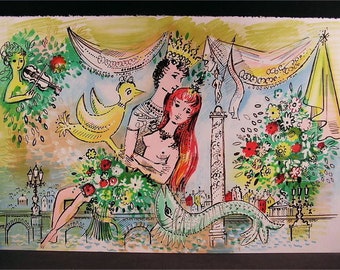 Original Lithograph by Cobelle,"Royal Lovers", The paper size: 35" W x 23" H (borderless sheet), unframed, Never been framed.