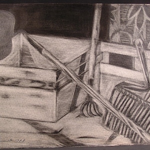 Unique Black Pencil Drawing, Garden Tools  by E Kawanabe 1978, The Size of Drawing Image and paper: 24&quot; W x 18&quot; H, Excellent