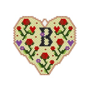 Colar com pingente de miçangas Miyuki personalizado em ponto tijolo em formato de coração para o Dia dos Namorados, com a letra 'B' em PDF, padrão digital.
