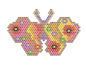 May include: A colorful butterfly with red, yellow, orange, green, purple, and brown squares, resembling a mosaic pattern.