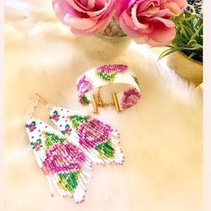 Pink, Purple 2 Drop Brick Stitch + Fringe Earrings and Loom Bracelet Combo Pattern With Miyuki Delica Seed Beed 11.0.