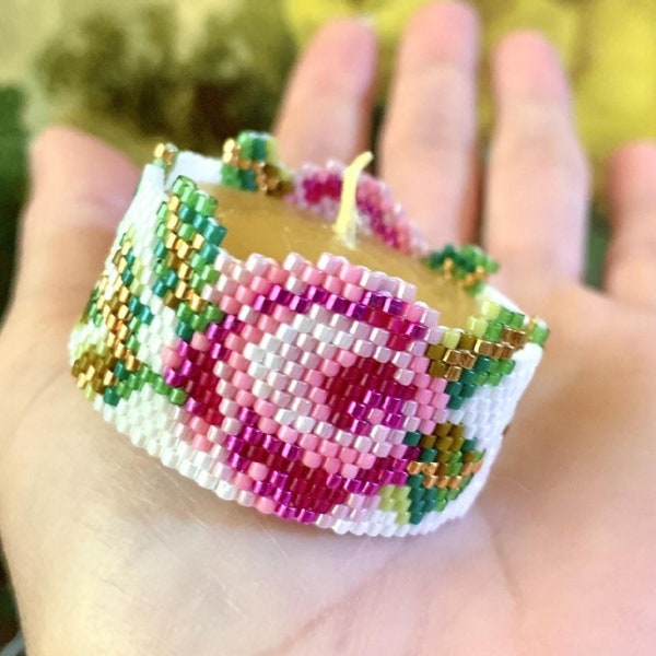 Pink Rose Tea Light Brick & Peyote Miyuki Delica 11.0 PDF Pattern, Peyote and Brick Candle Holder Pink Rose Digital beaded Pattern