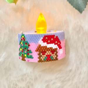 Christmas House Peyote Tealight Cover Pattern. Miyuki Delica 11/0 Even Peyote Candle Holder Instant Download PDF Pattern.