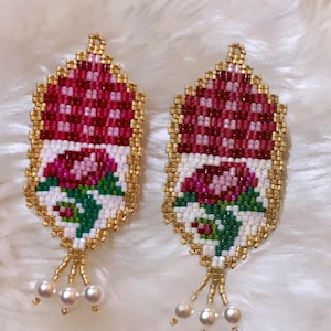 PDF Pink Rose 2 Drop Brick Stitch Earrings or Pendant Miyuki Delica 11 Pattern, Seed Beading Floral Earrings Pattern