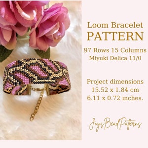 May include: A pink, brown and gold loom-woven bracelet with a clasp. The bracelet is made with Miyuki Delica 11/0 beads and measures 6.11 inches by 0.72 inches. The pattern is for a loom bracelet with 97 rows and 15 columns.