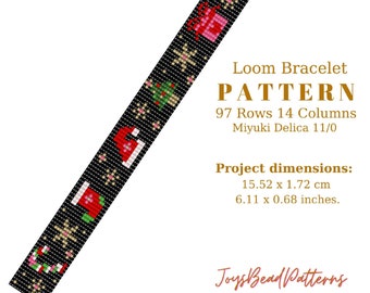 May include: A loom bracelet pattern featuring a Christmas theme with snowflakes, candy canes, a gift box, a stocking, and a Christmas tree. The pattern is for 97 rows and 14 columns using Miyuki Delica 11/0 beads. The finished bracelet measures 6.11 inches by 0.68 inches.